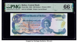 Belize Central Bank 100 Dollars 1.11.1983 Pick 50a PMG Gem Uncirculated 66 EPQ. The rarest and highest denomination of the series, this offering is qu...