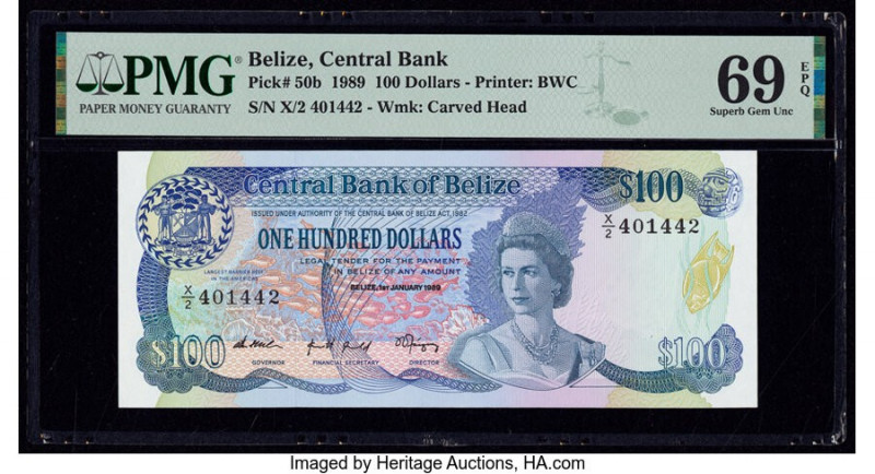 Belize Central Bank 100 Dollars 1.1.1989 Pick 50b PMG Superb Gem Unc 69 EPQ. Thi...