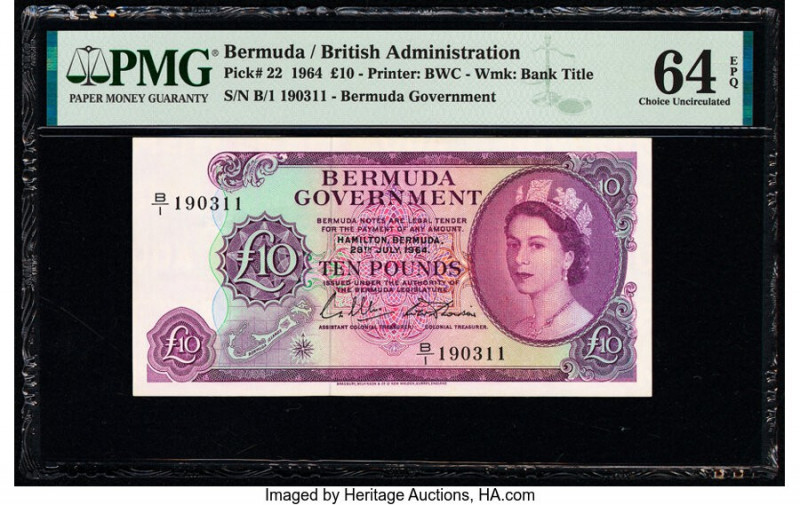 Bermuda Bermuda Government 10 Pounds 28.7.1964 Pick 22 PMG Choice Uncirculated 6...