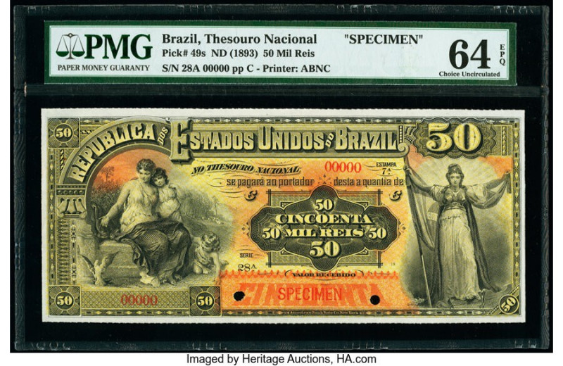 Brazil Thesouro Nacional 50 Mil Reis ND (1893) Pick 49s Specimen PMG Choice Unci...
