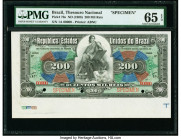 Brazil Thesouro Nacional 200 Mil Reis ND (1908) Pick 76s Specimen PMG Gem Uncirculated 65 EPQ. Typical American Bank Note Company traits are seen on b...