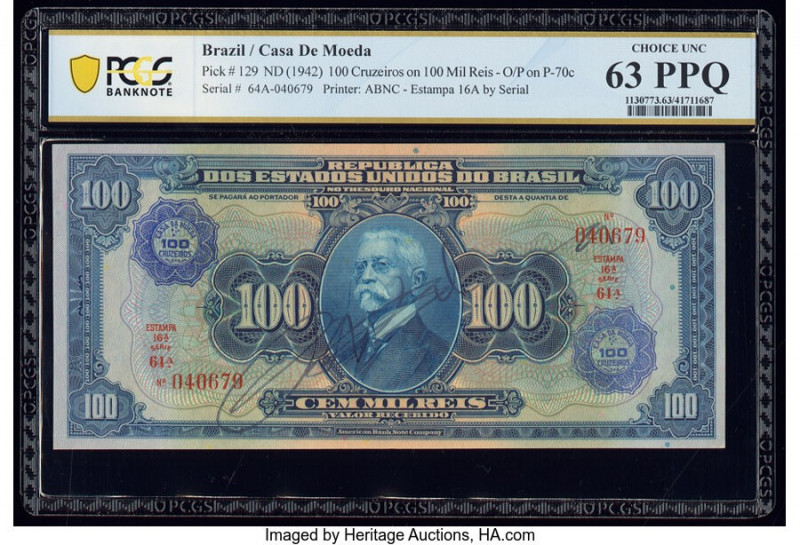 Brazil Casa de Moeda 100 Cruzeiros on 100 Mil Reis ND (1942) Pick 129 PCGS Bankn...