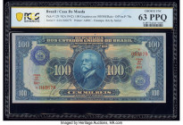 Brazil Casa de Moeda 100 Cruzeiros on 100 Mil Reis ND (1942) Pick 129 PCGS Banknote Choice UNC 63 PPQ. Incredible originality and Uncirculated paper a...