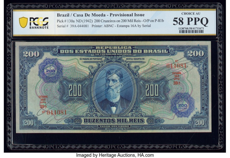 Brazil Casa de Moeda 200 Cruzeiros on 200 Mil Reis ND (1942) Pick 130a PCGS Bank...