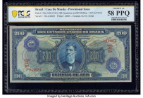 Brazil Casa de Moeda 200 Cruzeiros on 200 Mil Reis ND (1942) Pick 130a PCGS Banknote Choice AU 58 PPQ. Two small overprints at front indicate that thi...