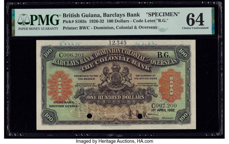 British Guiana Barclays Bank 100 Dollars 1.4.1932 Pick S103s Specimen PMG Choice...