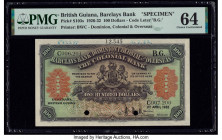 British Guiana Barclays Bank 100 Dollars 1.4.1932 Pick S103s Specimen PMG Choice Uncirculated 64. A Barclays Bank Specimen of its highest denomination...