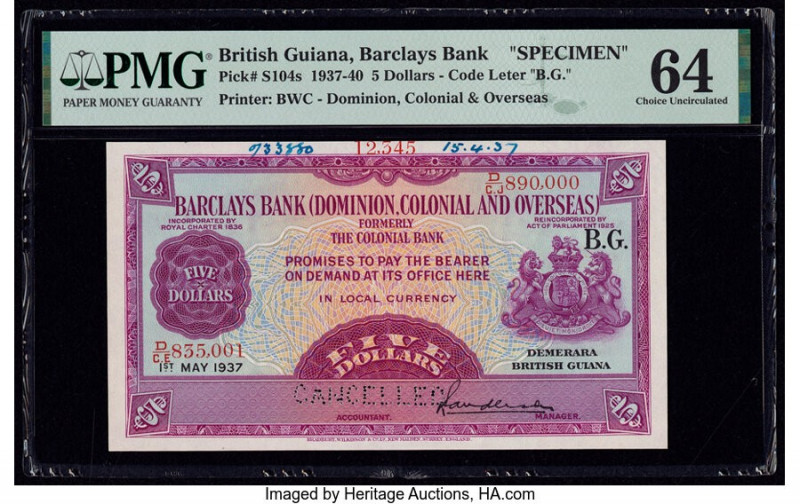British Guiana Barclays Bank 5 Dollars 1.5.1937 Pick S104s Specimen PMG Choice U...