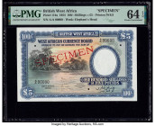 British West Africa West African Currency Board 100 Shillings = 5 Pounds 26.4.1954 Pick 11bs Specimen PMG Choice Uncirculated 64 EPQ. Notes of this de...