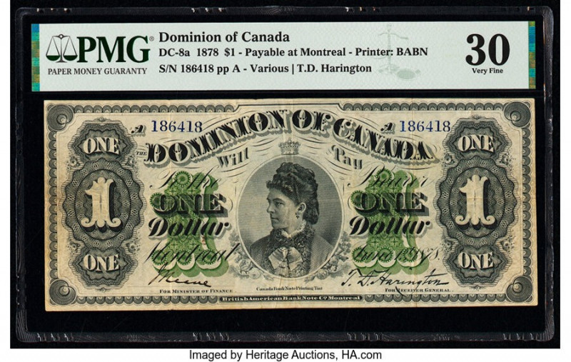 Canada Dominion of Canada $1 1.6.1878 DC-8a PMG Very Fine 30. Unusually choice, ...
