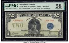 Canada Dominion of Canada $2 23.6.1923 DC-26c PMG Choice About Unc 58. The signatures of McCavour and Saunders are present on this handsome note, feat...