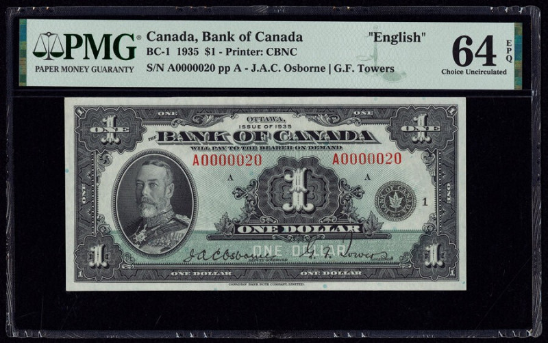Serial Number 20 Canada Bank of Canada $1 1935 BC-1 PMG Choice Uncirculated 64 E...