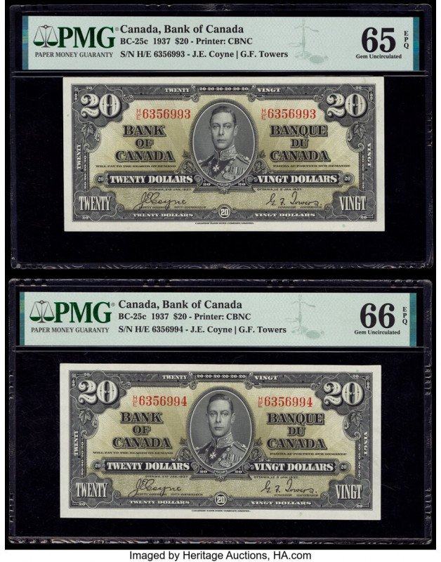 Canada Bank of Canada $20 2.1.1937 BC-25c Two Consecutive Examples PMG Gem Uncir...
