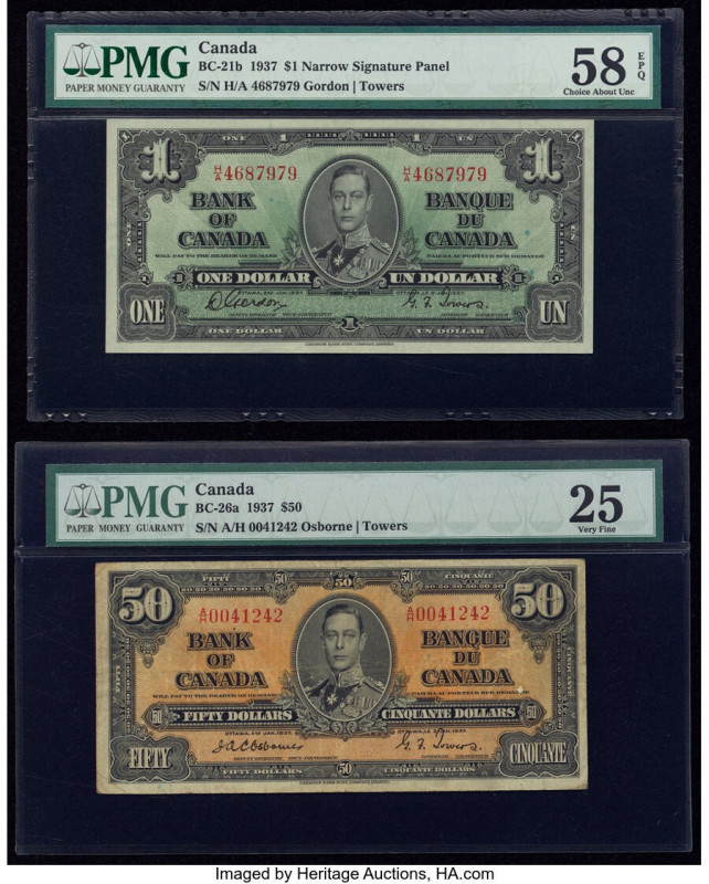 Canada Bank of Canada $1; $50 2.1.1937 BC-21b; BC-26a Two Examples PMG Choice Ab...