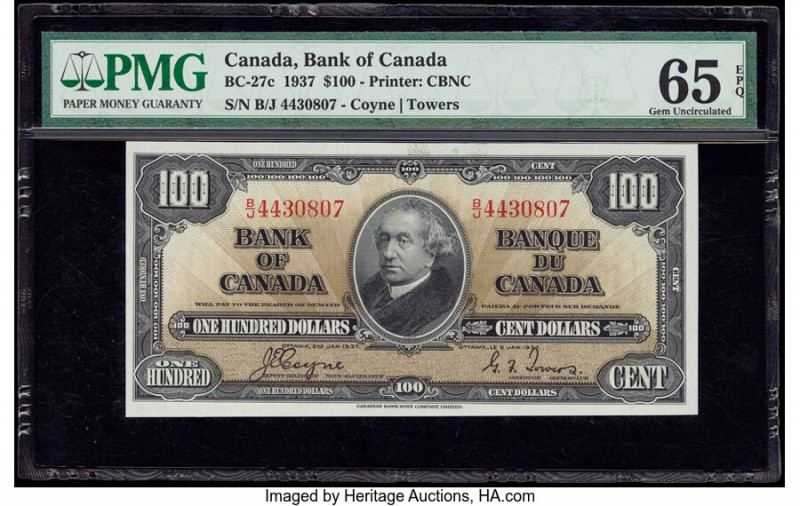 Canada Bank of Canada $100 2.1.1937 BC-27c PMG Gem Uncirculated 65 EPQ. A highly...