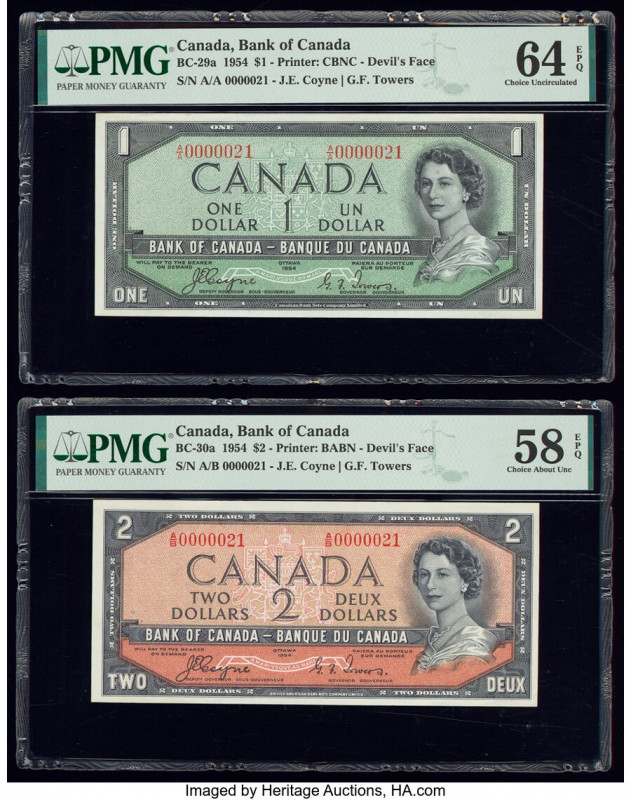 Serial Number 21 Pair Canada Bank of Canada $1, $2 1954 BC-29a; BC-30a "Devil's ...