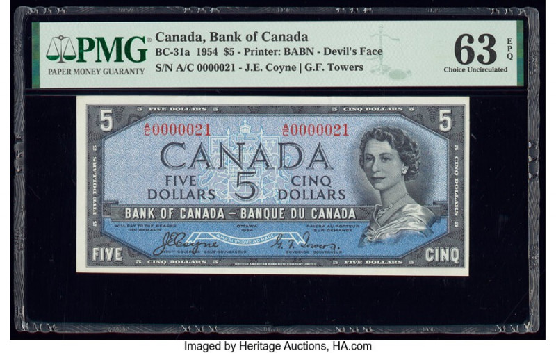 Serial Number 21 Canada Bank of Canada $5 1954 BC-31a "Devil's Face" PMG Choice ...