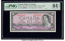 Serial Number 21 Canada Bank of Canada $10 1954 BC-32a "Devil's Face" PMG Choice Uncirculated 64 EPQ. Featuring the first prefix for the denomination,...