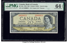 Serial Number 21 Canada Bank of Canada $20 1954 BC-33a "Devil's Face" PMG Choice Uncirculated 64 EPQ. Middle to higher denomination Devil's Face notes...