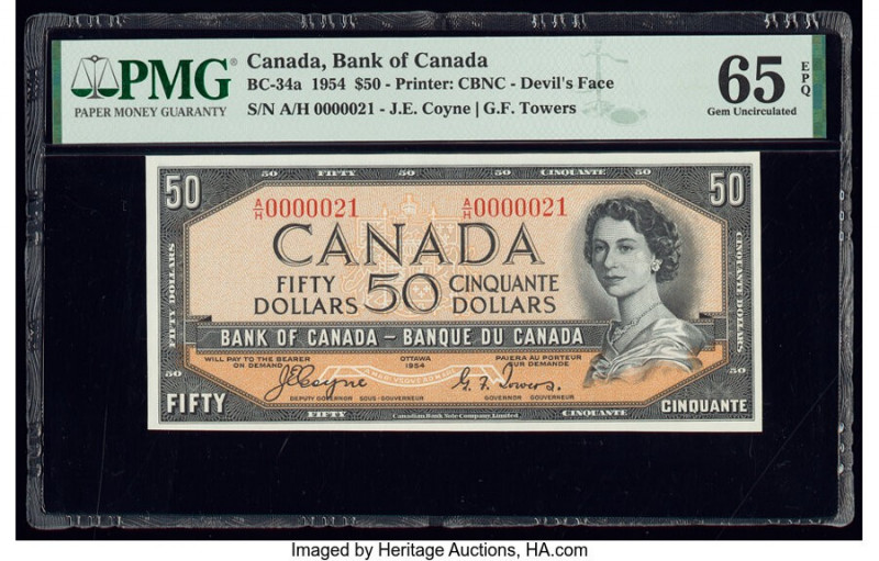 Serial Number 21 Canada Bank of Canada $50 1954 BC-34a "Devil's Face" PMG Gem Un...