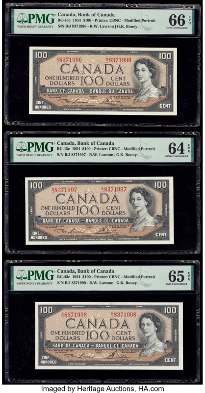 Canada Bank of Canada $100 1954 BC-43c Three Consecutive Examples PMG Gem Uncirc...