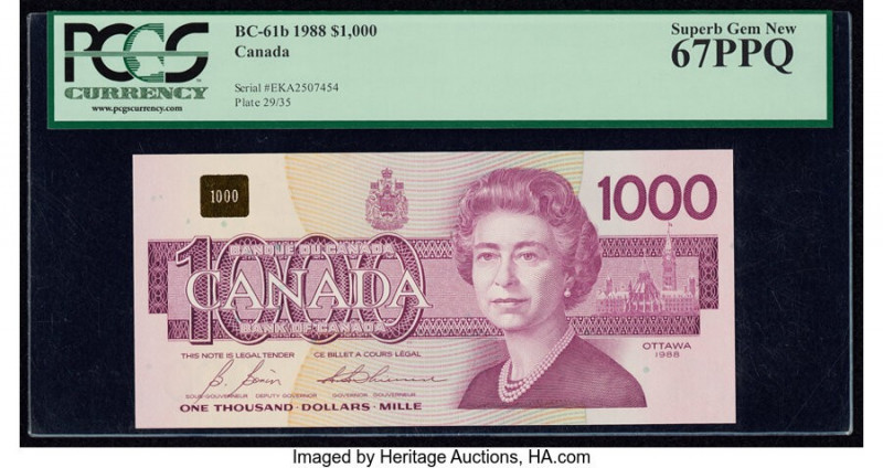 Canada Bank of Canada $1000 1988 BC-61b PCGS Superb Gem New 67PPQ. Canadian $100...