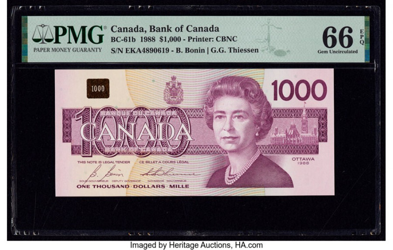 Canada Bank of Canada $1000 1988 BC-61b PMG Gem Uncirculated 66 EPQ. This Bonin-...