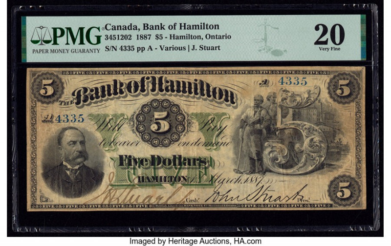 Canada Hamilton, ON- Bank of Hamilton $5 1.3.1887 Ch.# 345-12-02 PMG Very Fine 2...