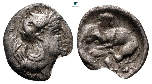 Calabria. Tarentum circa 380-325 BC. 
Diobol AR

11 mm, 0,70 g



fine