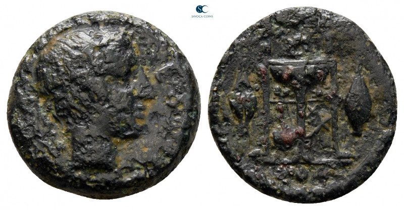 Sicily. Leontinoi circa 405-402 BC. 
Tetras Æ

13 mm, 2,09 g



fine