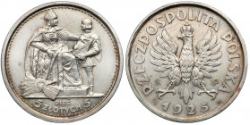 Konstytucja 5 złotych 1925 - monogramy SW i WG - b.rzadka Bardzo rzadka wersja jednej z najbardziej poszukiwanych monet II RP - Konstytucji. Odmiana z...