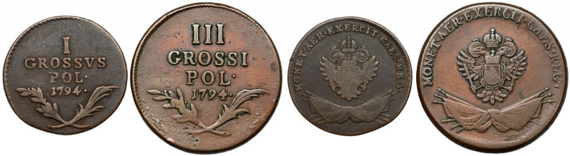 Galicja i Lodomeria, 1 i 3 grosze 1794, zestaw (2szt) Ładne monety. Dobre zachow...