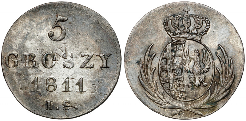 Księstwo Warszawskie, 5 groszy 1811 I.S. Charakterystyczna dla tych monet przebi...