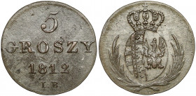 Księstwo Warszawskie, 5 groszy 1812 I.B. - mała data Moneta polakierowana.&nbsp; Drugi, a zarazem ostatni rocznik pięciogroszówek Księstwa. Odmiana z ...