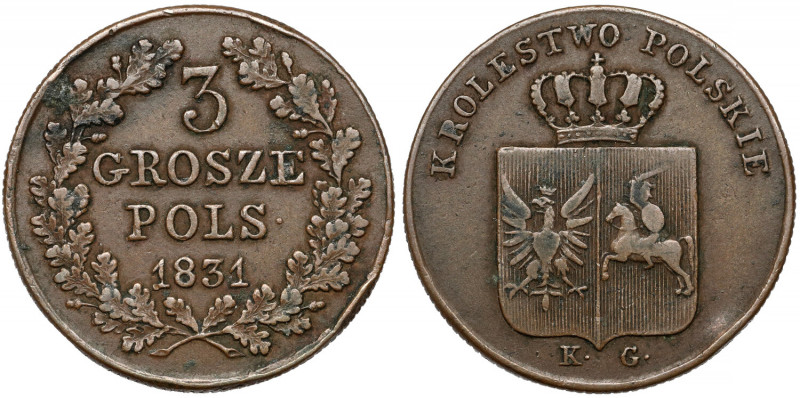 Powstanie Listopadowe, 3 grosze 1831 Moneta z obiciami rantu.&nbsp; Odmiana z pr...