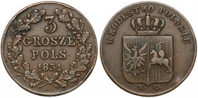 Powstanie Listopadowe, 3 grosze 1831 Moneta z obiciami rantu.&nbsp; Odmiana z prostymi łapami Orła, z kropką po POLS.
Reference: Iger PL.31.1.a (R), ...