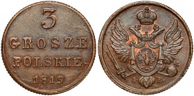 3 grosze polskie 1819 I.B. - piękne Najładniejszy egzemplarz 3 groszy 1819 jaki widzieliśmy na polskiej aukcji. Pierwszy rocznik drugiego typu trojakó...