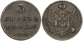 3 grosze polskie 1828 FH - ładne Moneta z bardzo ładnym detalem. Oryginalne, XIX-wieczne bicie. Drugi rocznik po wznowieniu bicia tego typu trojaków w...
