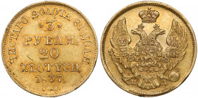 3 ruble = 20 złotych 1837 ПД, Petersburg Dość rzadka, złota moneta czasów zaborów, bita dla Królestwa w mennicy w Petersburgu. Najwyższy nominał wśród...