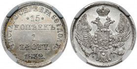 15 kopiejek = 1 złoty 1832 HГ, Petersburg - RZADKIE Pierwszy rocznik dwunominałowych złotówek w świetnym, menniczym stanie zachowania. Monety dwunomin...