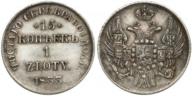 15 kopiejek = 1 złoty 1833 ПГ, Petersburg Drugi rocznik dwunominałowych złotówek bitych w Petersburgu. Odmiana z przebitą ostatnią cyfrą daty z 1832 r...