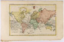 Mapa Świata - połowa XVIII wieku Wymiary mapy 42.3 x 27 cm. Stan mapy dobry, podniszczona dolna krawędź, ubytek narożnika.&nbsp;

 