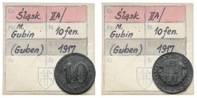 Guben (Gubin), 10 fenigów 1917 - ex. Kałkowski Pozostałości dawnego lakierowania na powierzchni. Cynk, średnica 20 mm, waga 1.49 g. Egzemplarz z kolek...