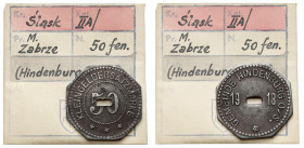 Hindenburg S.O. (Zabrze), 50 fenigów 1918 - ex. Kałkowski Żelazo, wymiary 24,2 x 24,2 mm, waga 3,49 g.&nbsp; Egzemplarz z kolekcji Tadeusza Kałkowskie...
