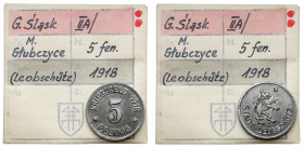 Leobschütz (Głubczyce), 5 fenigów 1918 - ex. Kałkowski Bardzo ładny. Żelazo, średnica 18.6 mm, waga 2.49 g. Egzemplarz z kolekcji Tadeusza Kałkowskieg...