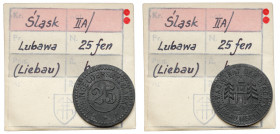 Liebau (Lubawa), 25 fenigów bez daty - ex. Kałkowski Cynk, średnica 21.8 mm, waga 2.08 g. 

Grade: XF 