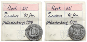 Münsterberg (Ziębice), 10 fenigów 1918 - ex. Kałkowski Lekko przeczyszczona mechanicznie. Żelazo, średnica 19,2 mm, waga 2,24 g.&nbsp; Egzemplarz z ko...