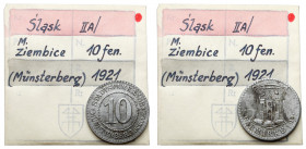 Münsterberg (Ziębice), 10 fenigów 1921 - ex. Kałkowski Lekko przetarta. Żelazo, średnica 20,2 mm, waga 2,56 g.&nbsp; Egzemplarz z kolekcji Tadeusza Ka...