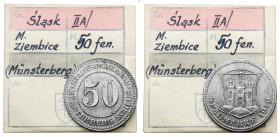 Münsterberg (Ziębice), 50 fenigów 1918 - ex. Kałkowski Ładna, ale lekko przetarta na stronie z nominałem. Żelazo, średnica 25,5 mm, waga 4,0 g.&nbsp; ...