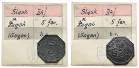 Sagan (Żagań), 5 fenigów bez daty - ex. Kałkowski Bardzo ładna, polakierowana. Cynk, wymiary 19,3 x 19,4 mm, waga 1,67 g.&nbsp; Egzemplarz z kolekcji ...